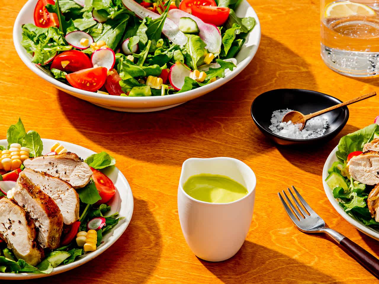 Grilled Chicken and Arugula Salad with Creamy Avocado Dressing