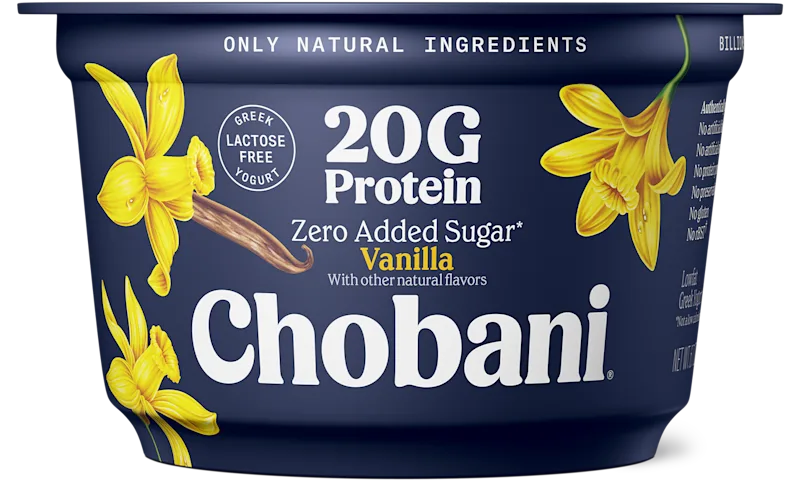 Chobani 20g High Protein Greek Yogurt Vanilla 6.7 oz cup, zero added sugar, lactose-free