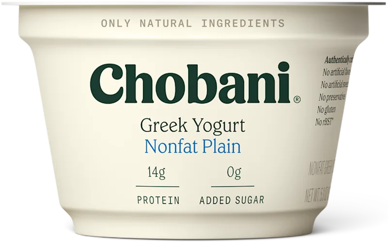 Chobani Nonfat Plain Greek Yogurt 5.3 oz cup, 14g protein, 0g added sugar
