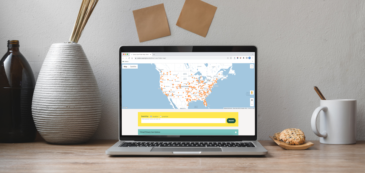 A laptop screen showing Sedera’s DPC Finder map to help find a direct primary care doctor.