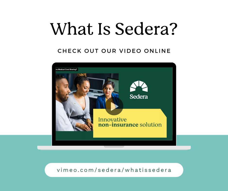 A video screen showing how to learn more about Sedera as an innovative non-insurance medical cost sharing solution to paying for medical expenses.