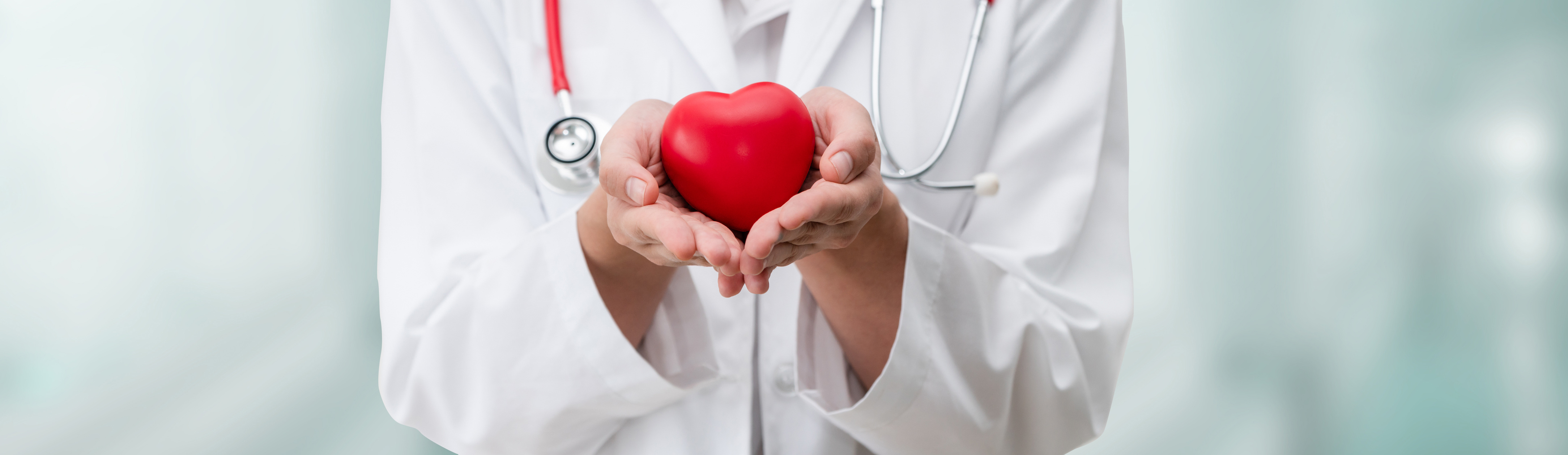 Medical provider in a white lab coat holding a red heart.