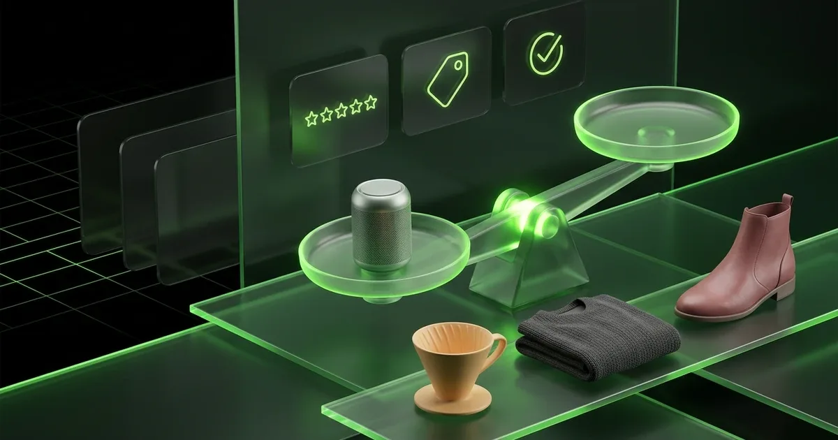 A stylized 3D glass cube with circuit patterns floats inside a glowing frame, surrounded by search icons and arrows.