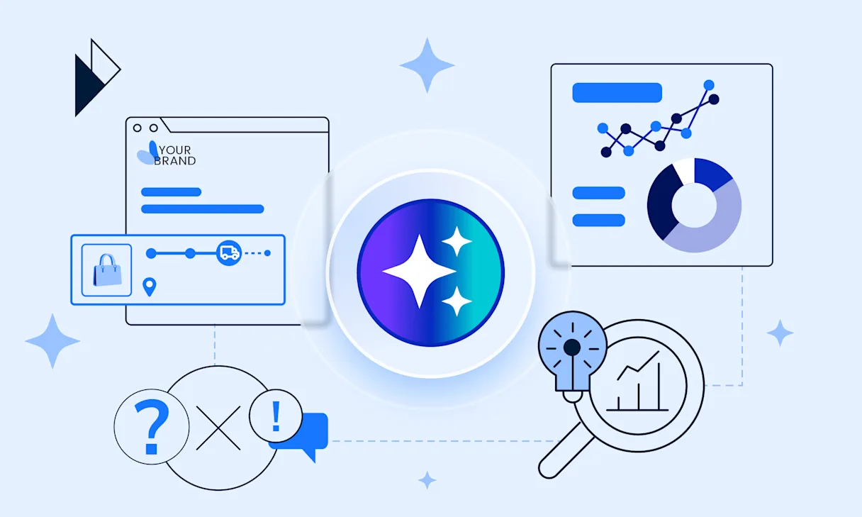 A concept illustration showing how AI-powered intelligent automation works for e-commerce logistics. In the center, a glowing orb with sparkles represents AI. It connects to other graphics: a branded package tracking page, a data analytics dashboard, icons for customer issues, and a magnifying glass over a lightbulb to symbolize insights. The image uses a modern, clean style with blue and purple colors to convey technology and efficiency.
Slash logistics costs & boost efficiency. See how AI-powered Intelligent Automation streamlines e-commerce workflows, automates repetitive tasks & empowers your team.