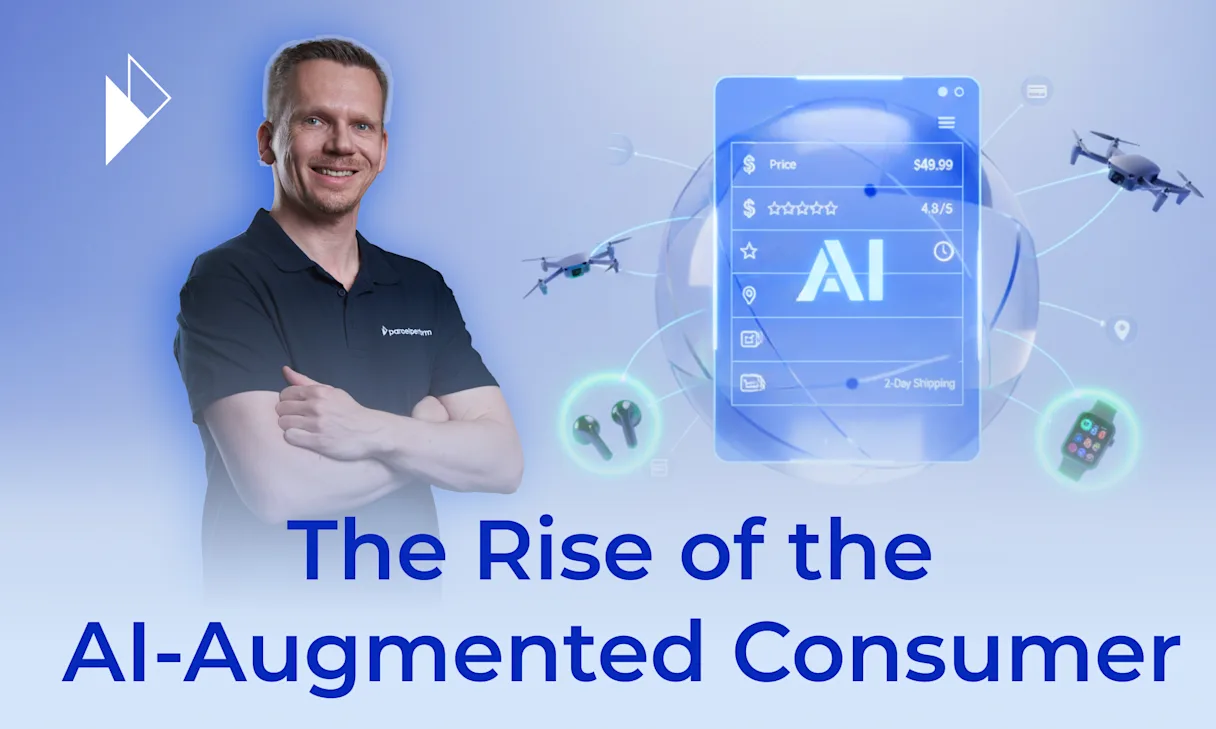 Image Description: A confident man in a dark polo shirt, the article's author, stands next to a graphic depicting AI's central role in e-commerce. A smartphone UI with an "AI" logo is surrounded by products like drones and a smartwatch, symbolizing how AI agents analyze data points like price and shipping to make purchasing decisions for the "AI-Augmented Consumer."
Article Summary: The article argues that consumer purchasing is shifting from human emotion to AI-driven, rational decisions. Businesses must stop marketing and instead focus on "Objective Verifiable Performance"—provable excellence in product, price, delivery, and trust—to appeal to these new AI agents. This requires reallocating resources from advertising to operational improvements.