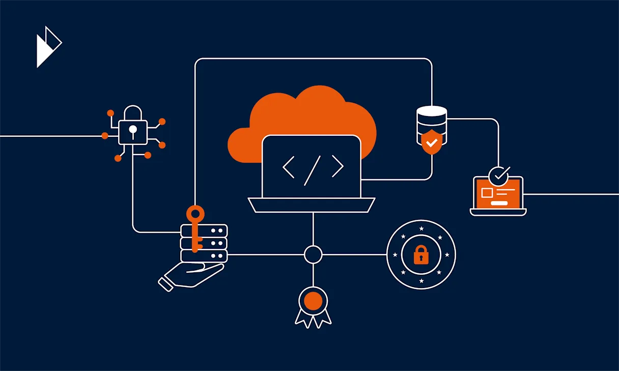 Parcel Perform is now ISO 27001 certified. This image shows an abstract design that has elements such as cloud computing, servers, computers, security, locks, to illustrate data security, cyber security, and cloud security.