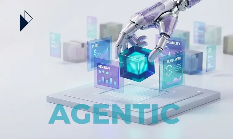 A robotic hand selects a data cube surrounded by interfaces for price, reviews, availability, and fulfillment above the text AGENTIC.