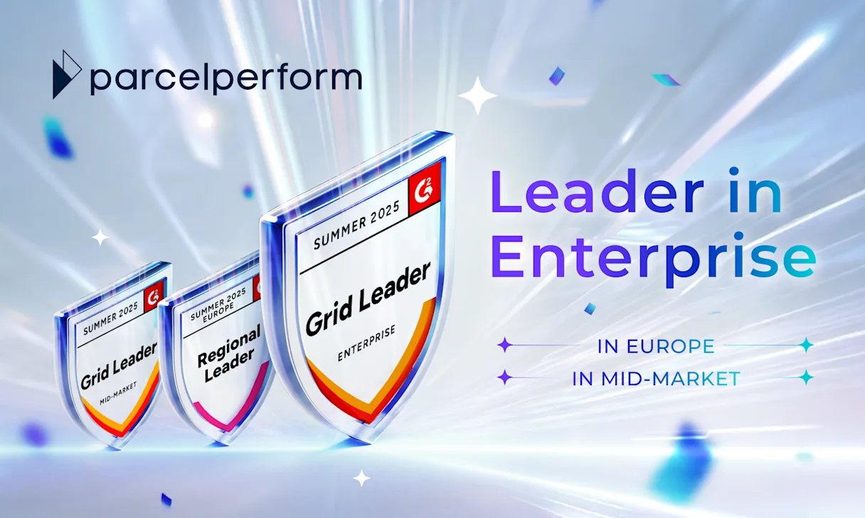 The image displays a stylized G2 badge that reads "SUMMER 2025 EUROPE Regional Leader". To the right of the badge, the text "#1 IN EUROPE" is clearly visible, with the Parcel Perform logo at the top. The image visually represents Parcel Perform's achievement of being ranked the #1 Regional Leader in Europe by G2 in their Summer 2025 Reports.