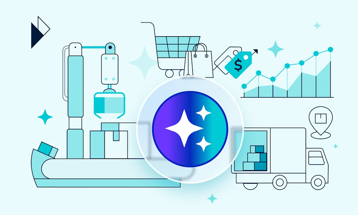 Illustration showcasing AI-driven e-commerce logistics. Features automated factory machinery, a shopping cart, a price tag with a dollar sign and rising graph, a delivery truck, and a central glowing circle symbolizing AI. Article summary: Practical AI solutions like real-time tracking and delivery optimization are key to reducing costs and improving customer experience in e-commerce logistics, moving beyond the hype to solve real-world challenges like WISMO ("Where Is My Order?") inquiries.