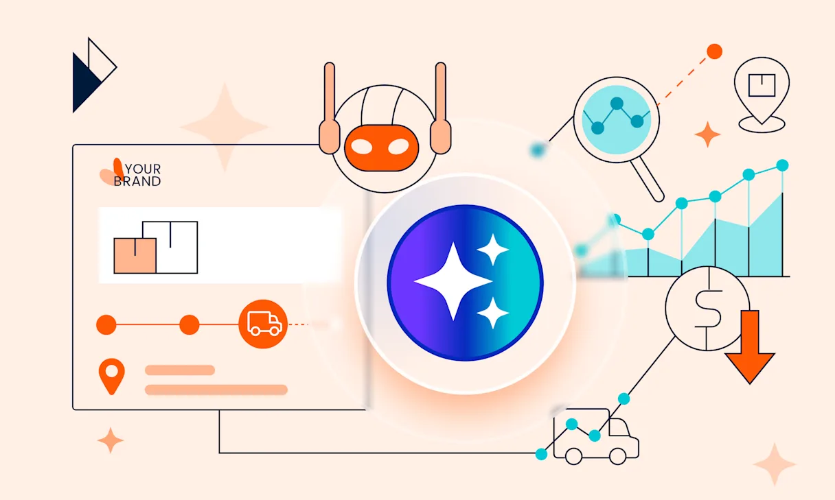A stylized illustration depicting the intersection of AI and e-commerce logistics. Central to the image is a prominent blue circle containing white sparkles, representing AI or intelligence. Surrounding it are various icons and graphics: a simple robot head with orange highlights, a line graph trending upwards overlaid with a magnifying glass, a map pin icon with a package symbol, another line graph showing a downward trend next to a dollar sign with a down arrow, delivery truck icons, and a simplified interface showing package tracking progress with location pins and delivery timelines under the banner "YOUR BRAND". The overall aesthetic is clean, modern, and conceptual, using orange, blue, teal, and black elements against a light beige background with subtle sparkle accents.

Brief Article Summary:

This article explores how Artificial Intelligence (AI) is transforming e-commerce delivery from a reactive cost center into a proactive, data-driven competitive advantage. It details how AI addresses key logistics challenges like lack of visibility, last-mile inefficiencies, complex optimization, and rising costs. Practical applications discussed include improving customer experience through personalized notifications, reducing cart abandonment with accurate delivery estimates, managing returns effectively, optimizing carrier selection, proactively preventing delays via "control towers," enabling better strategic decisions through analytics, and empowering internal teams with AI agents. The core message is that leveraging AI for actionable intelligence allows businesses to gain control over their delivery network, enhance customer satisfaction, and improve profitability.