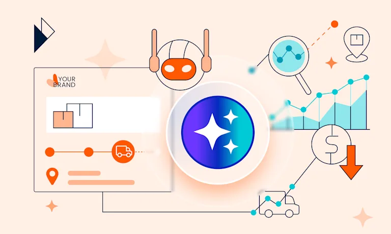 A stylized illustration depicting the intersection of AI and e-commerce logistics. Central to the image is a prominent blue circle containing white sparkles, representing AI or intelligence. Surrounding it are various icons and graphics: a simple robot head with orange highlights, a line graph trending upwards overlaid with a magnifying glass, a map pin icon with a package symbol, another line graph showing a downward trend next to a dollar sign with a down arrow, delivery truck icons, and a simplified interface showing package tracking progress with location pins and delivery timelines under the banner "YOUR BRAND". The overall aesthetic is clean, modern, and conceptual, using orange, blue, teal, and black elements against a light beige background with subtle sparkle accents.

Brief Article Summary:

This article explores how Artificial Intelligence (AI) is transforming e-commerce delivery from a reactive cost center into a proactive, data-driven competitive advantage. It details how AI addresses key logistics challenges like lack of visibility, last-mile inefficiencies, complex optimization, and rising costs. Practical applications discussed include improving customer experience through personalized notifications, reducing cart abandonment with accurate delivery estimates, managing returns effectively, optimizing carrier selection, proactively preventing delays via "control towers," enabling better strategic decisions through analytics, and empowering internal teams with AI agents. The core message is that leveraging AI for actionable intelligence allows businesses to gain control over their delivery network, enhance customer satisfaction, and improve profitability.