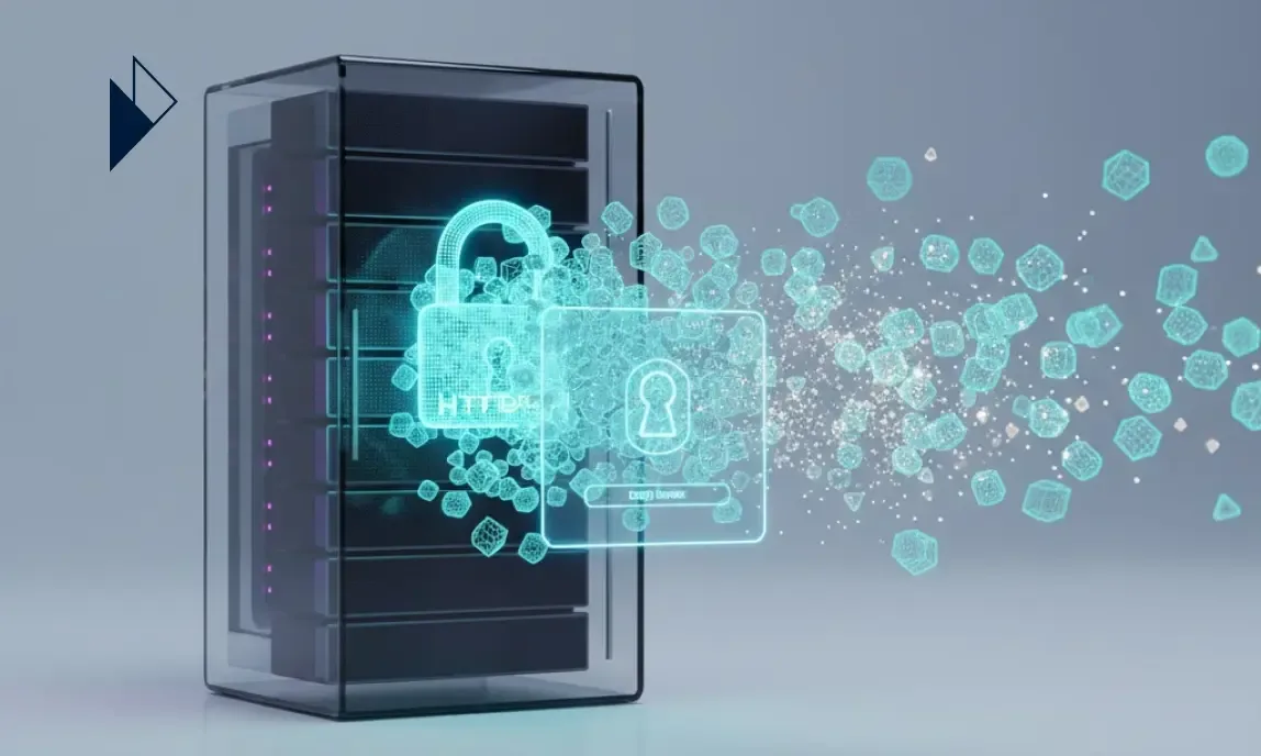 3D render of a server tower with glowing data cubes flying outward and two holographic HTTPS padlock icons in front.