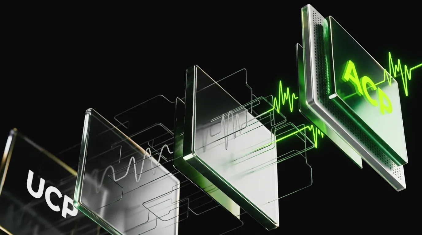 Layered glass panels labelled UCP and ACP, the two protocols this checker scores a store against