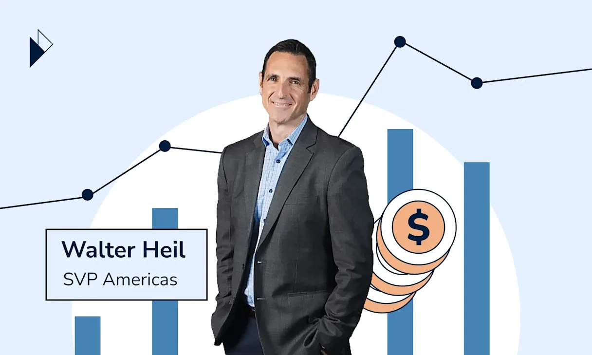 This image is for a blog post announcing the onboarding of industry veteran, Walter Heil as Parcel Perform's new Senior Vice President of Sales of Americas. This image has a photo of Walter, with some abstract business growth icons in the background, including charts, and coins. The image also includes Walter's name and current title at Parcel Perform. 