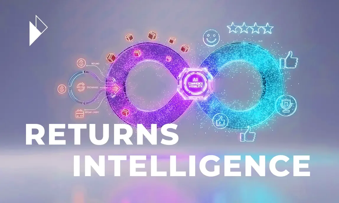 Accessible Image Meta Description and Summary
A futuristic infinity loop shows how "AI Commerce Visibility" transforms returns into trust. The purple left loop represents the returns process (boxes, exchange), and the blue right loop represents customer trust (stars, thumbs up), showing how returns intelligence turns a cost center into a strategic asset.
Article Summary: This article argues that reverse logistics has evolved from a private cost center into a public "Trust Signal" for AI Commerce. AI shopping agents now algorithmically rank brands by parsing machine-readable returns data (cost, speed, convenience). To compete, brands must use a unified data platform to create a transparent, verifiable "Returns Experience" that builds trust and wins AI recommendations.