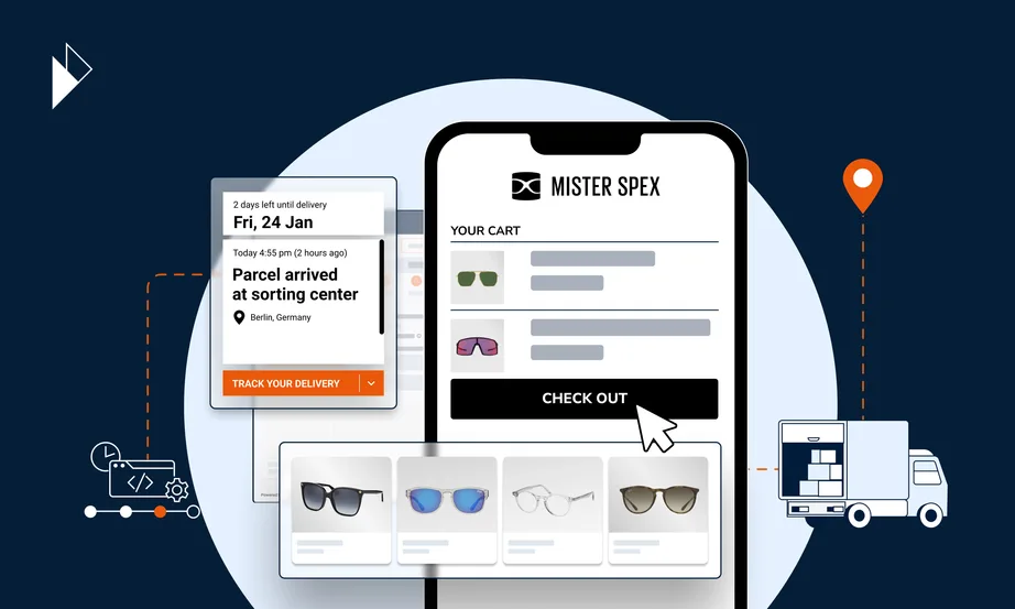 Phone screen mockup of the checkout experience on Mister Spex's website.