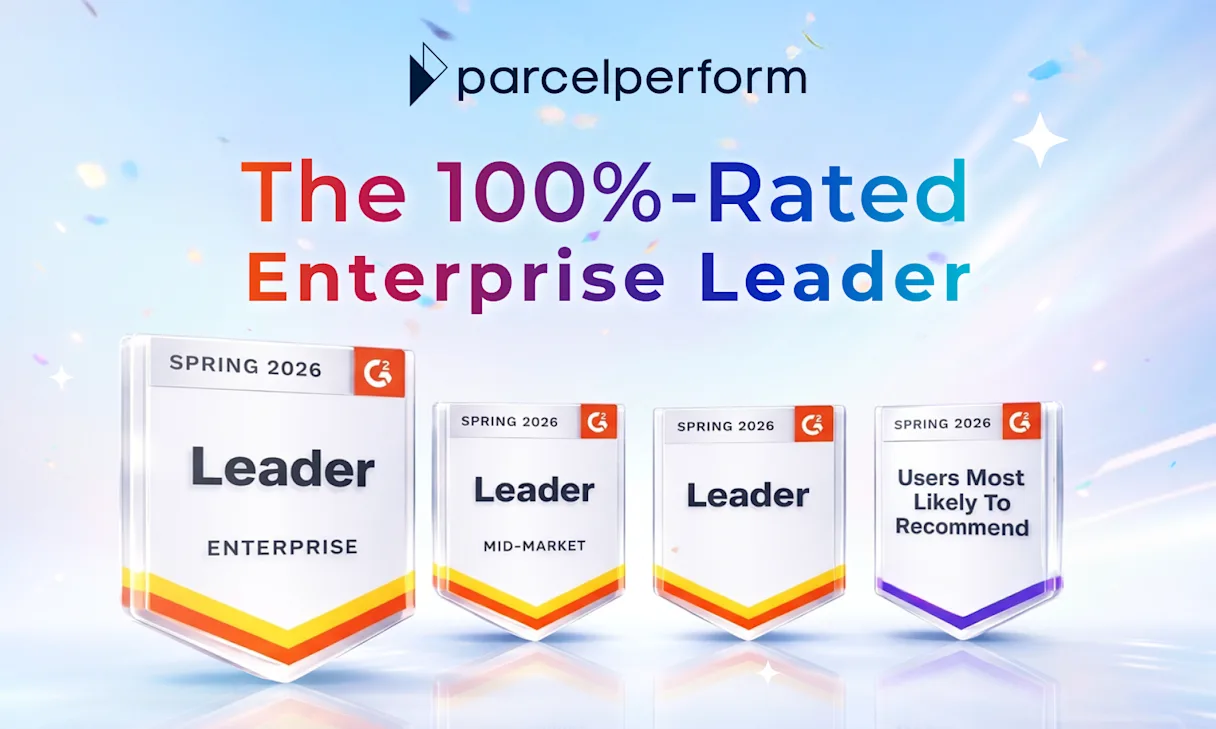 Four G2 Spring 2026 Leader badges displayed below the text 'parcelperform The 100%-Rated Enterprise Leader'.