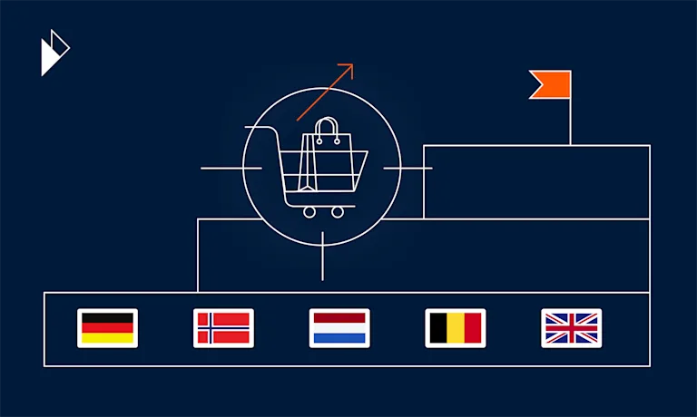 This is the header image for a blog post. Topic is EU, European e-commerce logistics. Post provides insights and data into the EU or European e-commerce logistics market. It also provides advice on how to leverage data to prepare an e-commerce business for future challenges and opportunities. Image is an abstract design that includes a shopping cart, charts, and the national flags of Belgium, Norway, Netherlands, France, United Kingdom, and Germany.  