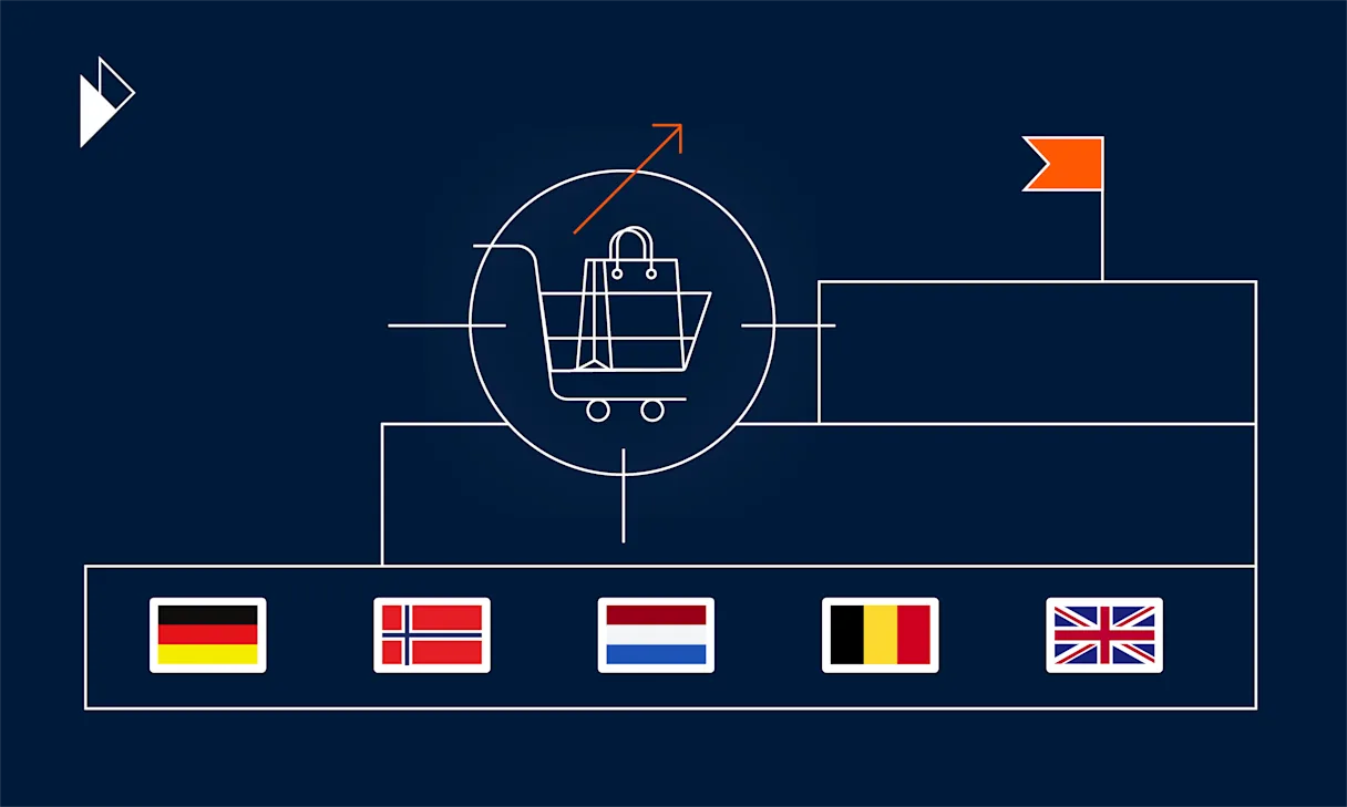 This is the header image for a blog post. Topic is EU, European e-commerce logistics. Post provides insights and data into the EU or European e-commerce logistics market. It also provides advice on how to leverage data to prepare an e-commerce business for future challenges and opportunities. Image is an abstract design that includes a shopping cart, charts, and the national flags of Belgium, Norway, Netherlands, France, United Kingdom, and Germany.