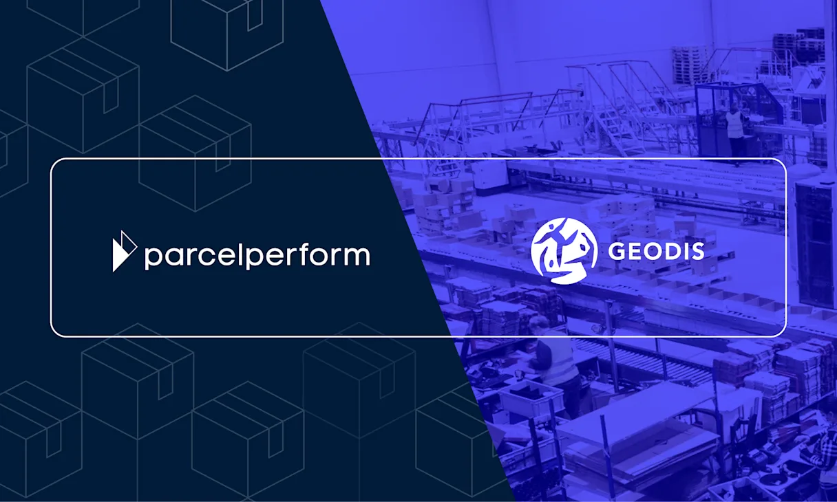 Partnership announcement between parcel perform and geodis. image is a composite image of parcel perform and geodis logo. Geodis logo has blue image of warehouse as background.