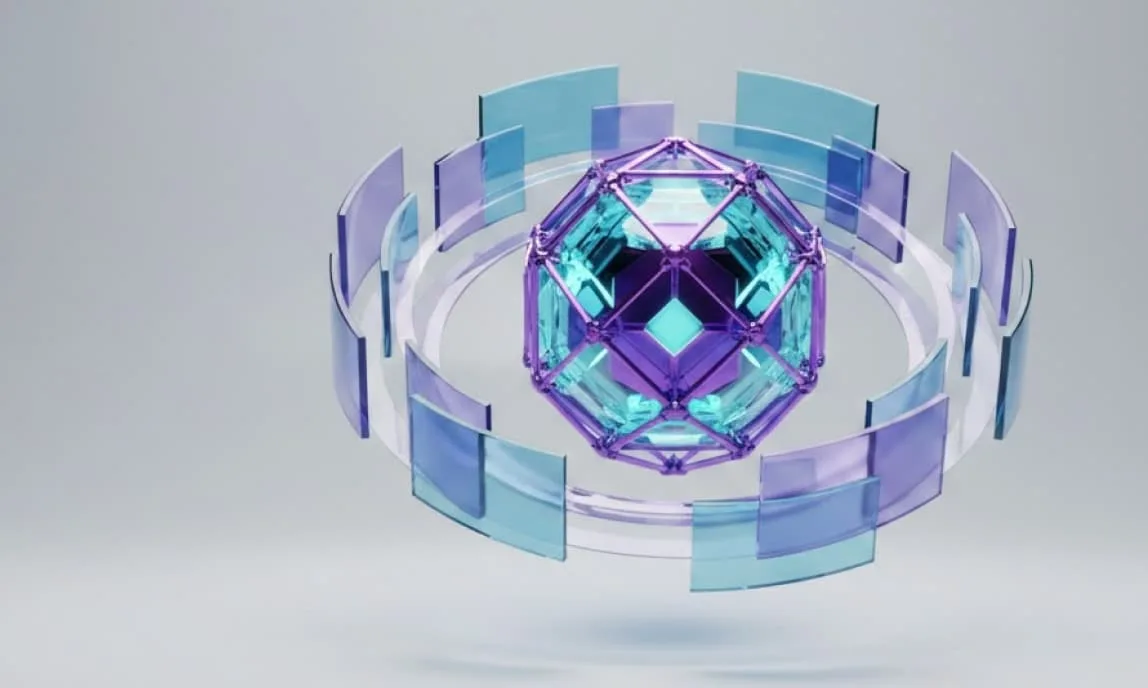 3D render of a cyan and purple geometric sphere surrounded by floating, translucent curved glass panels on a light background.