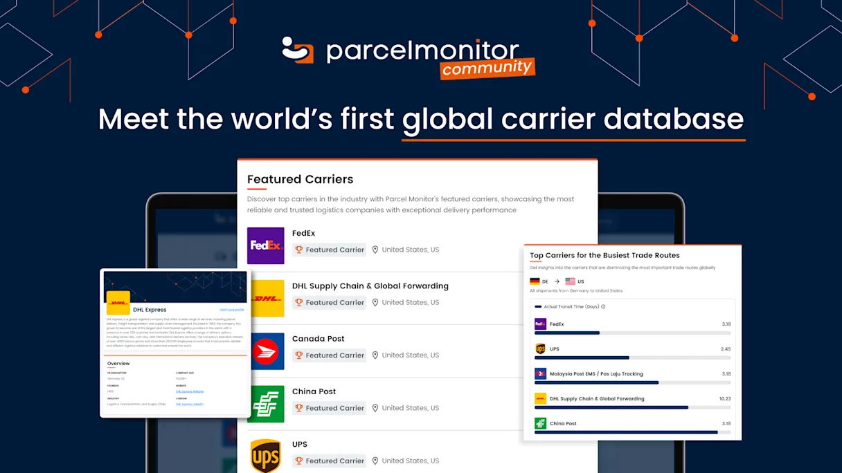 Parcel Monitor just launched world's first global carrier database. This image comprises screenshots of the new product. E-commerce logistics leaders can use this database to compare carrier performance and effectiveness, and make data-driven decisions to find the right partner.