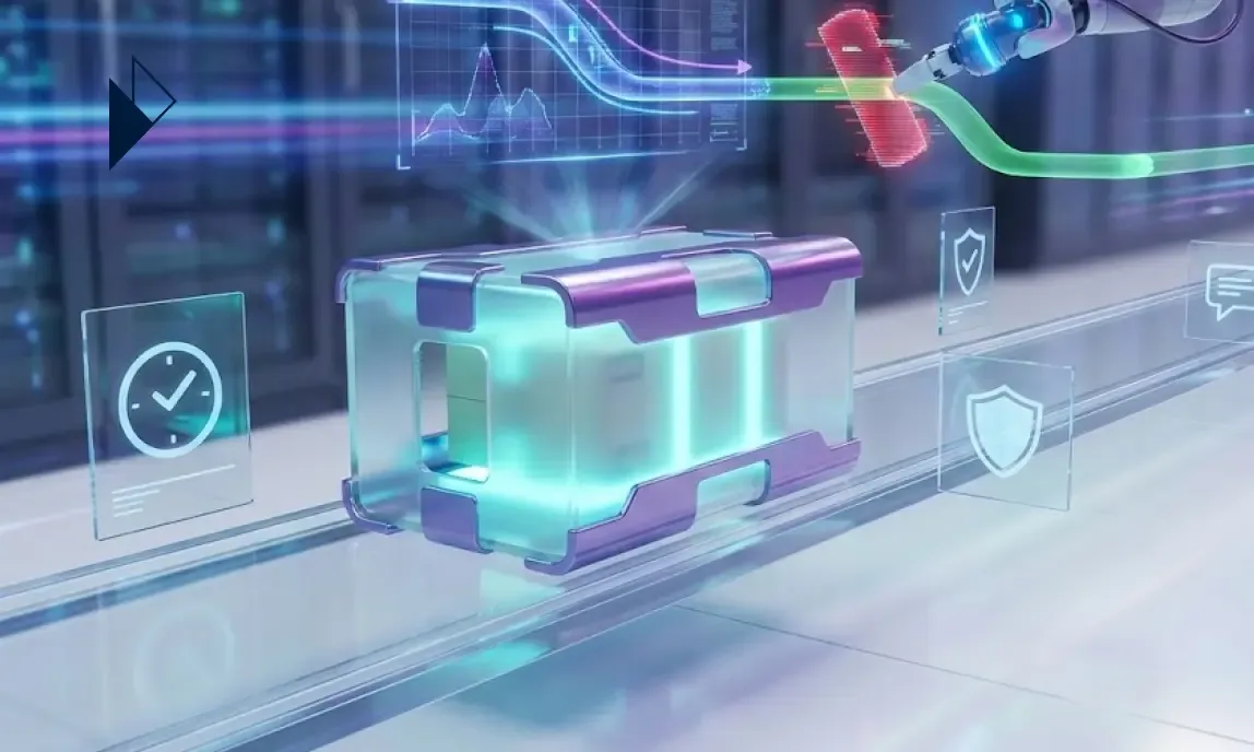 Futuristic package on a conveyor belt being scanned by a robotic arm, surrounded by holographic data charts and checkmarks.