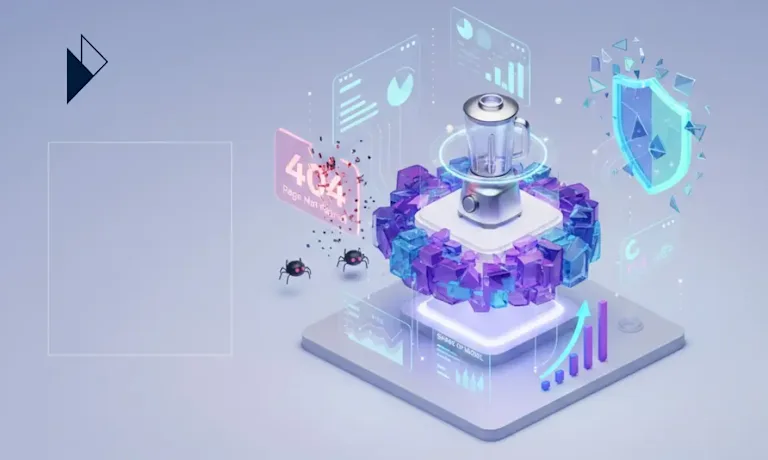 3D illustration of a blender on a pedestal surrounded by purple crystals, floating charts, a shield, and a 404 error sign.