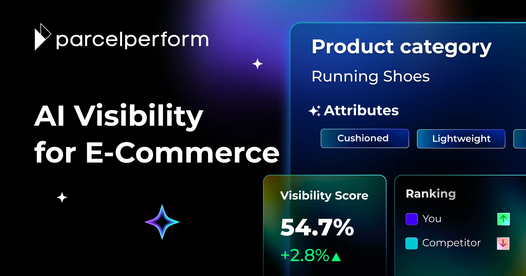 A futuristic, glowing purple and blue emblem with an AI logo hovers over a digital grid, with data lines connecting them. This symbolizes "AI Commerce Visibility"—how AI agents analyze real-world data to rank e-commerce brands.