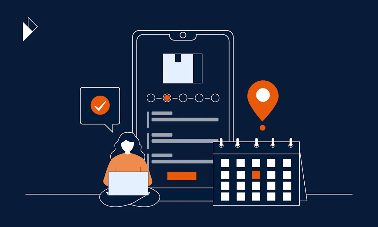 AI-driven EDD makes the customer's delivery experience much better. Image is an abstract depicting a woman shopping online and receiving an accurate estimated delivery both before and after she checks out or finishes the transaction. Image also includes illustration of a mobile phone with delivery progress and desktop calendar with delivery date marked out. 