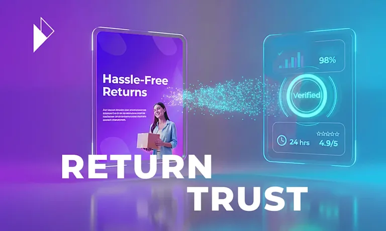 Accessible Image Meta Description and Summary
An abstract image showing a returns portal on the left ("Hassle-Free Returns") sending data particles to a futuristic dashboard on the right, which displays "Verified" and high-performance metrics (98%, 24 hrs). This visualizes the article's theme of "RETURN TRUST": turning a returns promise into a verifiable, AI-audited trust signal.

Article Summary: The article argues that in the era of AI Commerce, AI agents audit the actual performance of a brand's returns operation, not its marketing promise. This "Returns Trust Gap" damages AI rankings. Brands must use modern platforms to create verifiable trust signals, turning reverse logistics from a cost center into a retention driver.