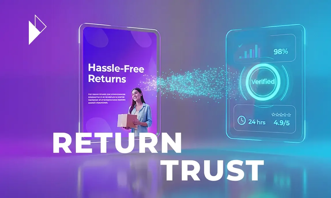 Accessible Image Meta Description and Summary
An abstract image showing a returns portal on the left ("Hassle-Free Returns") sending data particles to a futuristic dashboard on the right, which displays "Verified" and high-performance metrics (98%, 24 hrs). This visualizes the article's theme of "RETURN TRUST": turning a returns promise into a verifiable, AI-audited trust signal.
Article Summary: The article argues that in the era of AI Commerce, AI agents audit the actual performance of a brand's returns operation, not its marketing promise. This "Returns Trust Gap" damages AI rankings. Brands must use modern platforms to create verifiable trust signals, turning reverse logistics from a cost center into a retention driver.