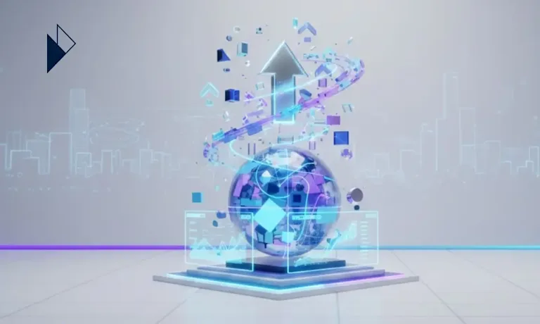 Abstract 3D illustration featuring a digital globe, an upward-pointing arrow, and floating interface charts against a city background.