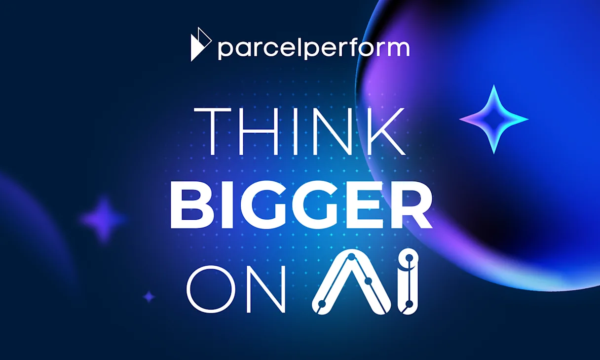 A dark blue and purple abstract background with the Parcel Perform logo in white at the top right. The text 'THINK BIGGER ON Ai' is prominent in large white capital letters. The 'A' and 'i' in 'Ai' are stylized with interconnected nodes, resembling a neural network. Abstract glowing star-like shapes and a large orb are in the background. This image accompanies an article announcing Parcel Perform's new AI Decision Intelligence platform, designed to help e-commerce businesses enhance their delivery experience and succeed in the era of AI Commerce by achieving operational excellence and building consumer trust.