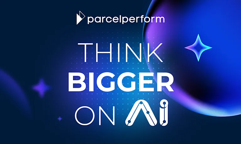A dark blue and purple abstract background with the Parcel Perform logo in white at the top right. The text 'THINK BIGGER ON Ai' is prominent in large white capital letters. The 'A' and 'i' in 'Ai' are stylized with interconnected nodes, resembling a neural network. Abstract glowing star-like shapes and a large orb are in the background. This image accompanies an article announcing Parcel Perform's new AI Decision Intelligence platform, designed to help e-commerce businesses enhance their delivery experience and succeed in the era of AI Commerce by achieving operational excellence and building consumer trust.