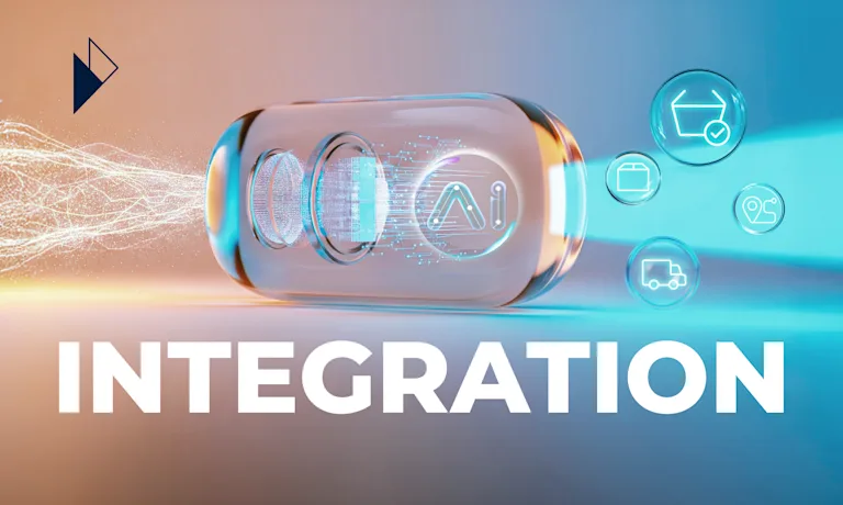 A futuristic image with the word "INTEGRATION." A transparent capsule containing an AI logo processes chaotic data streams from one side and outputs clean e-commerce icons (basket, truck, location pin) on the other. This visual represents the article's theme of a unified platform using AI to transform fragmented data into a seamless system—the foundation for the "Trust Signal Flywheel" strategy.

Article Summary: The article introduces the "Trust Signal Flywheel," a model for winning in AI Commerce. It argues that using separate "point solutions" creates data silos and a disconnected customer experience. A true competitive advantage comes from a unified platform that integrates checkout, logistics, post-purchase, and returns into a self-reinforcing cycle, building compounding trust and loyalty.
