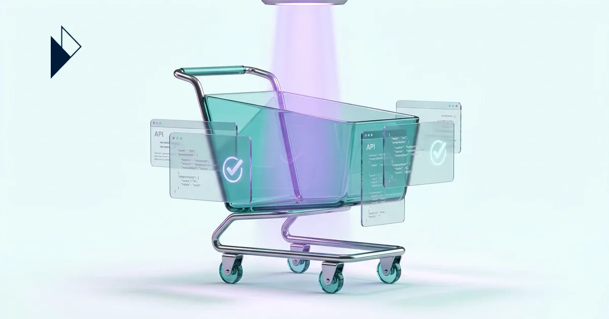 7 AI Shopping Agent Checkout Optimizations for E-commerce screens float around a teal glass cart in a purple beam.