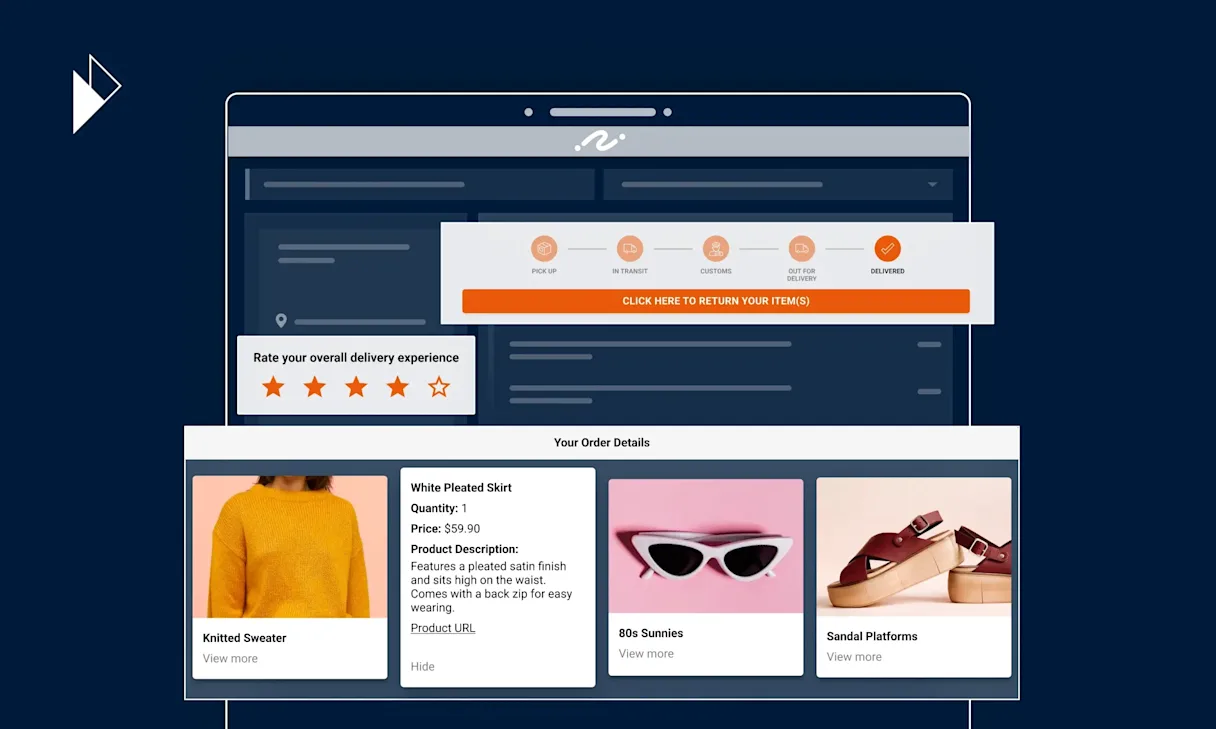 Parcel Perform's ENGAGE and NOTIFY modules are powerful tools that help merchants upsell and cross sell when engaging end-consumers during the post checkout phase. This image illustrates that with a pictures of the Parcel Perform tracking page with status updates, delivery experience ratings, and line items feature that depicts the products that the consumer has purchased.
