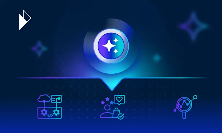 Abstract tech graphic where a central glowing blue circle with sparkles spotlights three neon icons below representing e-commerce tech/data, customer satisfaction/shopping, and analytics.] Learn how AI optimizes the e-commerce post-purchase journey. Reduce WISMO calls, enhance delivery with predictive alerts, streamline returns, and boost customer retention using AI strategies.