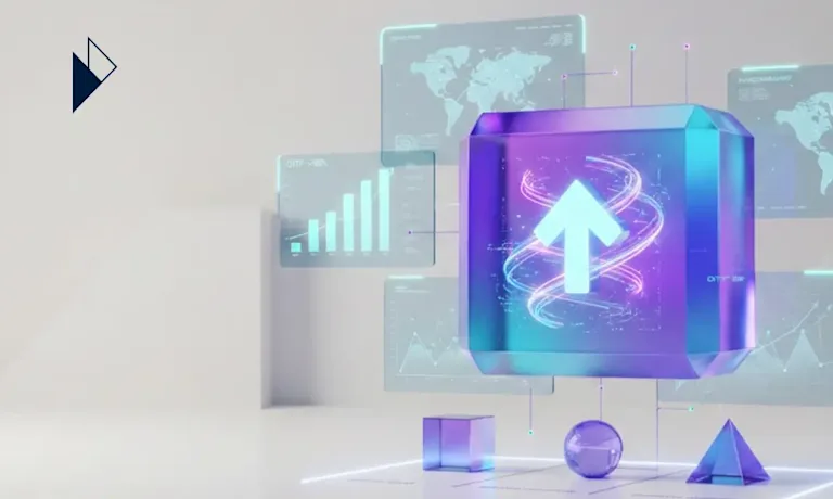 3D glowing blue arrow inside a glass cube surrounded by floating digital interfaces showing world maps and data charts.