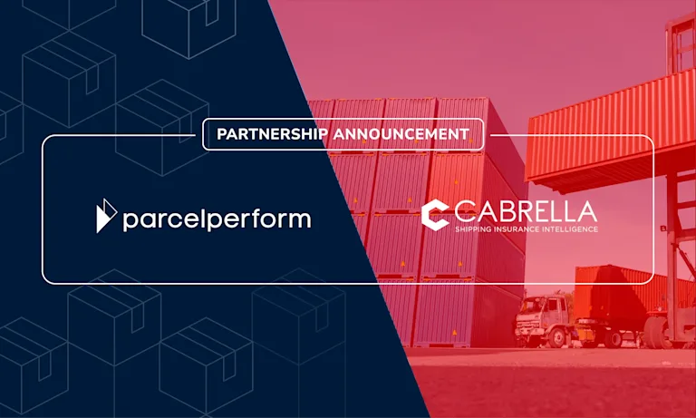 Partnership announcement between Parcel Perform and Cabrella to revolutionize logistics risk management. Image is a composite of parcel perform and cabrella logos. background behind cabrella are containers and a truck. 