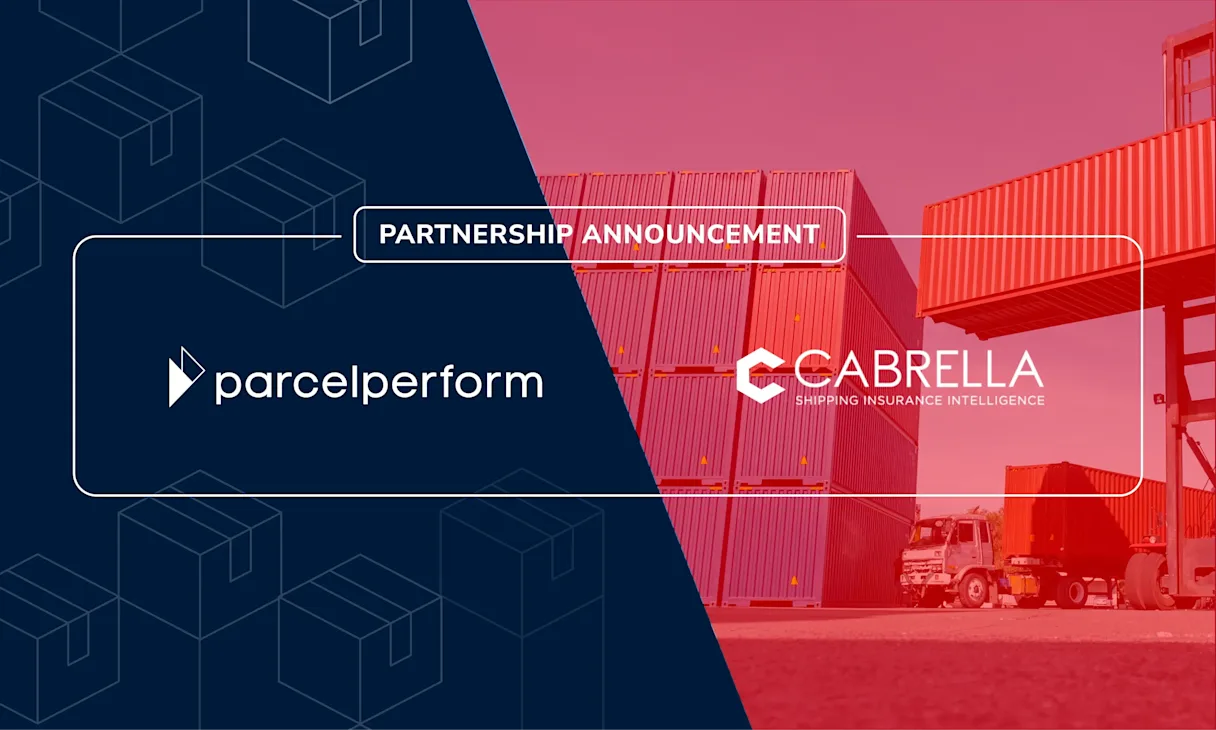 Partnership announcement between Parcel Perform and Cabrella to revolutionize logistics risk management. Image is a composite of parcel perform and cabrella logos. background behind cabrella are containers and a truck.