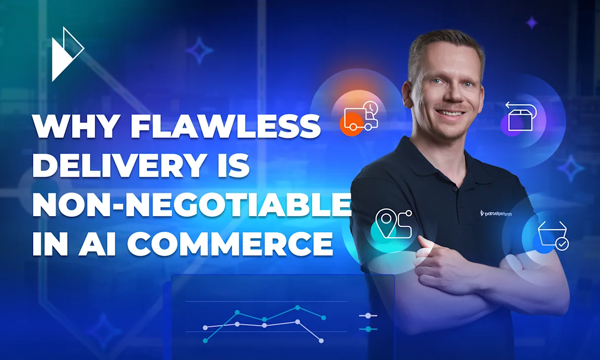 A portrait of author Dr. Arne Jeroschewski against a digital background of logistics icons and data graphs. This illustrates the article's summary: in AI Commerce, businesses are now judged not on promises, but on the provable proof of their performance. The article explains that AI agents analyze the entire post-purchase journey, including on-time delivery stats, proactive communication, and frictionless returns, making operational excellence the most critical asset for winning customers.