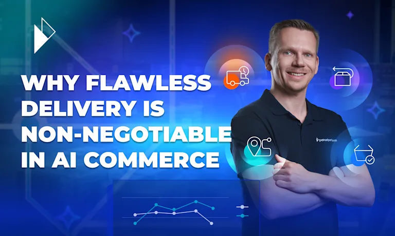 A portrait of author Dr. Arne Jeroschewski against a digital background of logistics icons and data graphs. This illustrates the article's summary: in AI Commerce, businesses are now judged not on promises, but on the provable proof of their performance. The article explains that AI agents analyze the entire post-purchase journey, including on-time delivery stats, proactive communication, and frictionless returns, making operational excellence the most critical asset for winning customers.