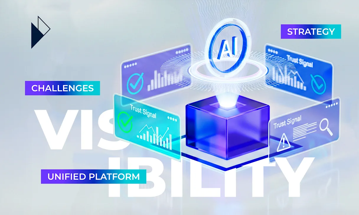 Image Description: A futuristic, abstract image with a purple and blue gradient background. In the foreground, the word "VISIBILITY" is in large, white, transparent letters. At the center, a translucent blue cube projects light upwards into a glowing circular "AI" emblem. Around the cube are four holographic screens displaying data charts and the words "Trust Signal". Other keywords like "CHALLENGES", "UNIFIED PLATFORM", and "STRATEGY" are also visible. The image visually represents the article's core concept: achieving AI Visibility requires a unified platform strategy to turn operational data into positive Trust Signals for AI agents.
Article Summary: This article argues that e-commerce is undergoing a seismic shift to "AI Commerce," where AI agents are the new gatekeepers determining brand discovery. To succeed, brands must master "AI Visibility" by optimizing their end-to-end delivery experience into verifiable "Trust Signals"—such as delivery speed, promise reliability, and returns ease—that AI agents are programmed to reward. The guide details the challenges this new paradigm creates for business leaders and presents Parcel Perform's unified, AI-powered platform as the strategic shortcut to transform operational excellence into a dominant competitive advantage.
