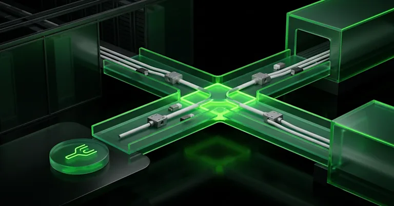 Cables cross on glowing green tracks for Agentic Commerce: Connecting AI Search