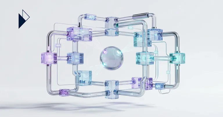 This shows glowing clear tubes, API cubes, and a central sphere for Agentic Commerce: What Brands Must Expose for AI Agents t