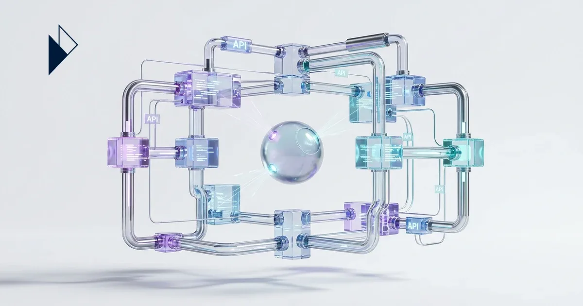 This shows glowing clear tubes, API cubes, and a central sphere for Agentic Commerce: What Brands Must Expose for AI Agents t
