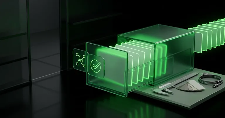 A green glass drawer holds glowing cards for Agentic Commerce: Structuring Machine-Readable Product