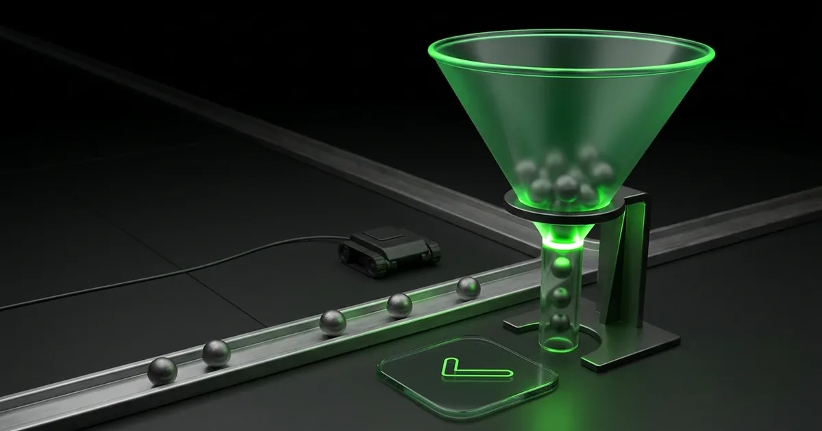 A glowing green funnel sorts metal spheres on a track to prove Agentic Commerce ROI with an Estimated Delivery